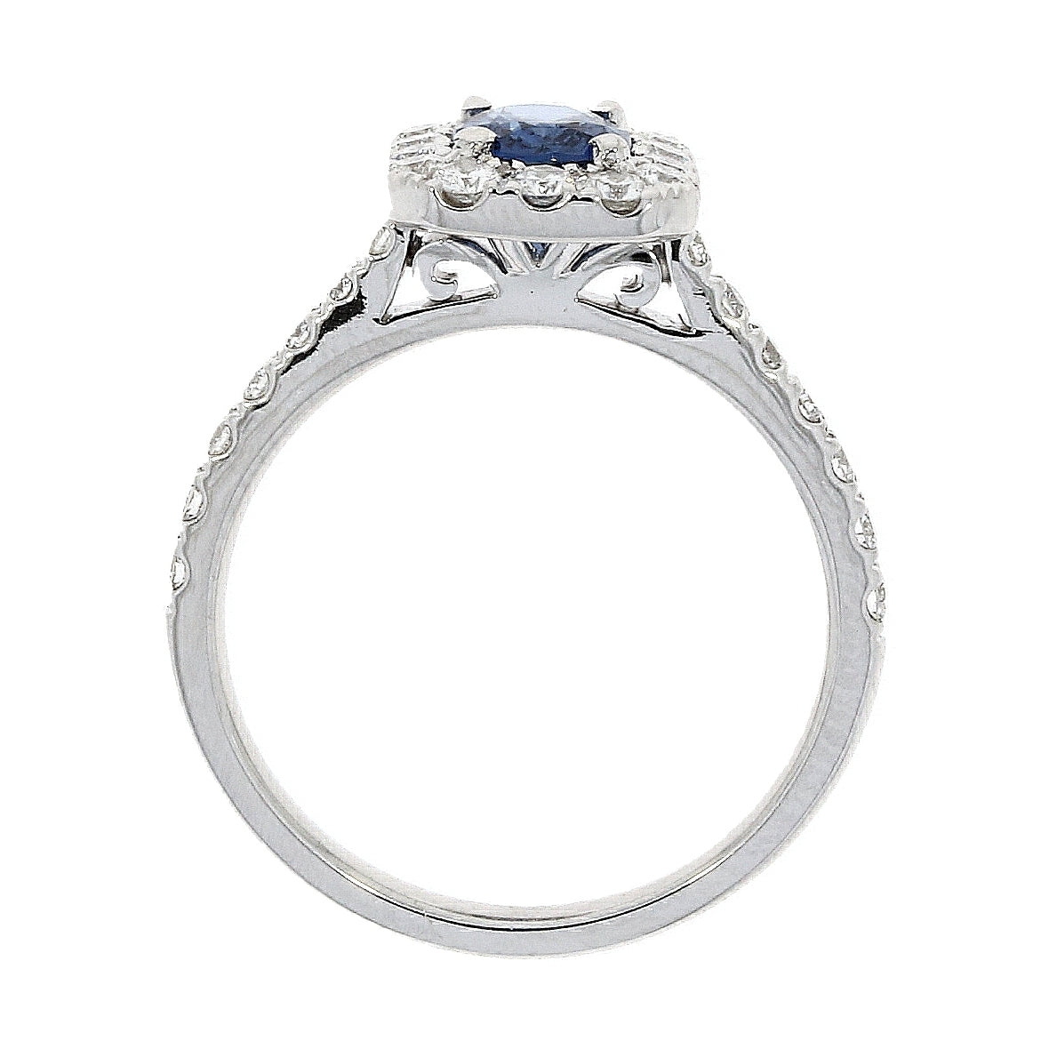 18ct White Gold Oval Sapphire in a Square Shaped Diamond Cluster Ring