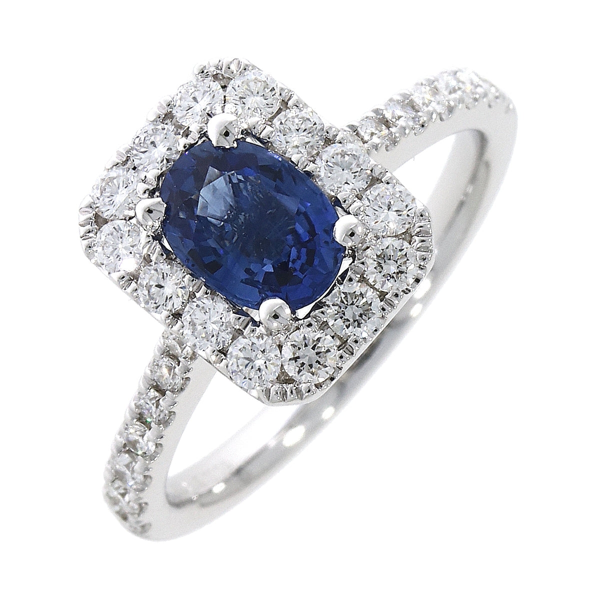 18ct White Gold Oval Sapphire in a Square Shaped Diamond Cluster Ring