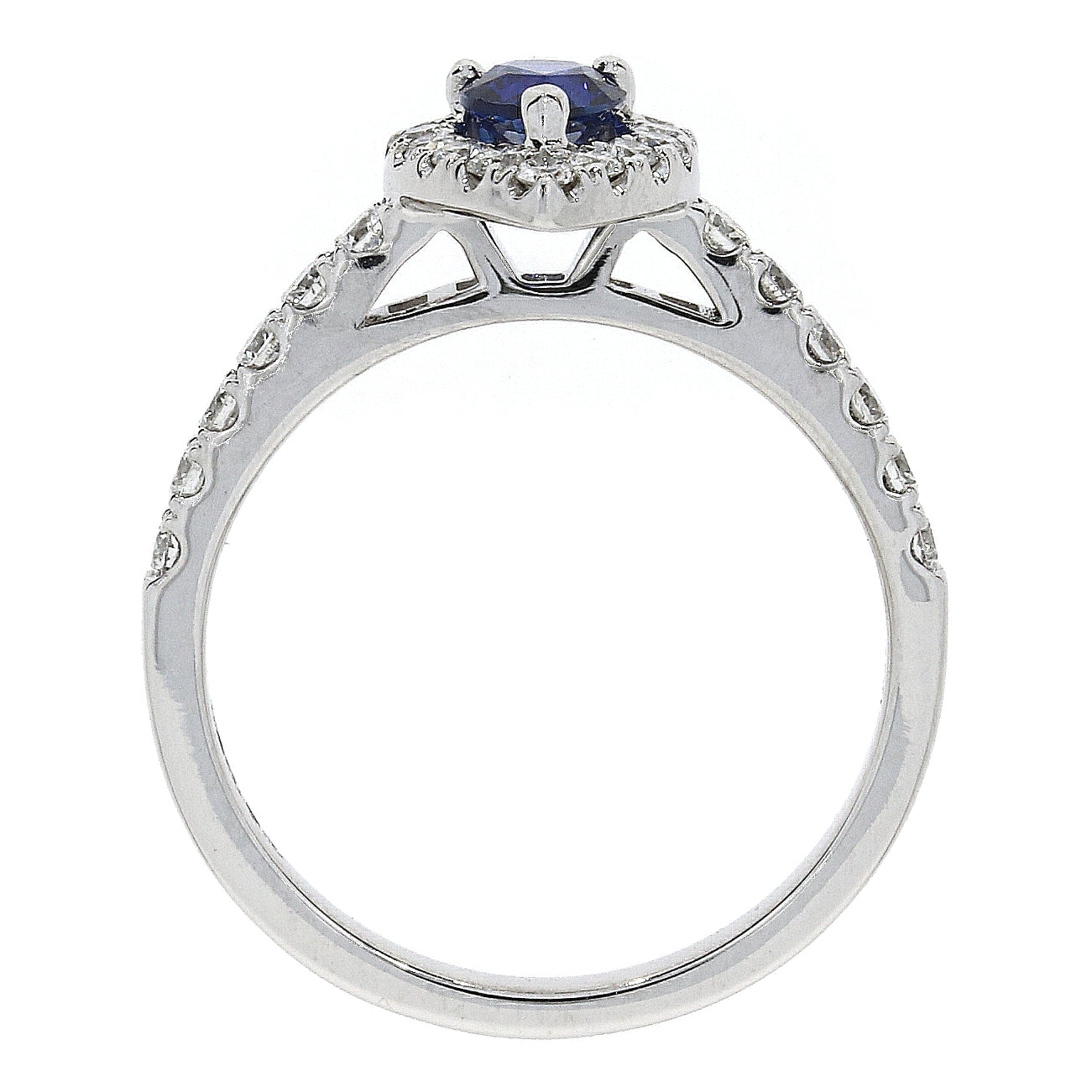 18ct White Gold Pear Sapphire and Diamond Cluster Ring with Diamond Shoulders
