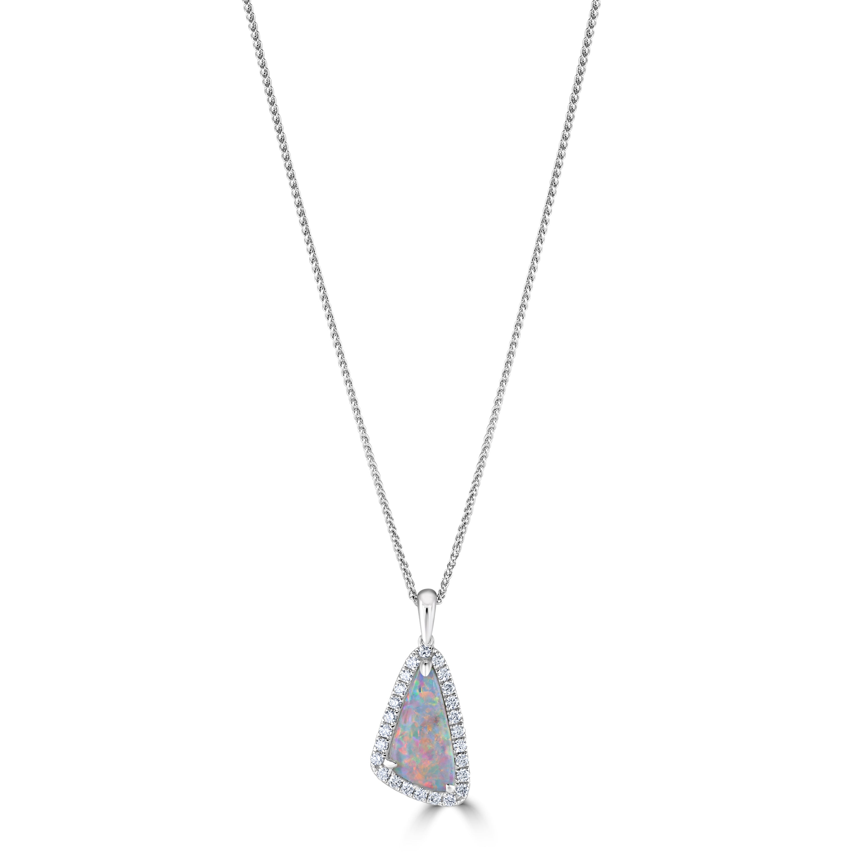 18ct White Gold Triangular Opal & Diamond Halo Cluster Pendant
