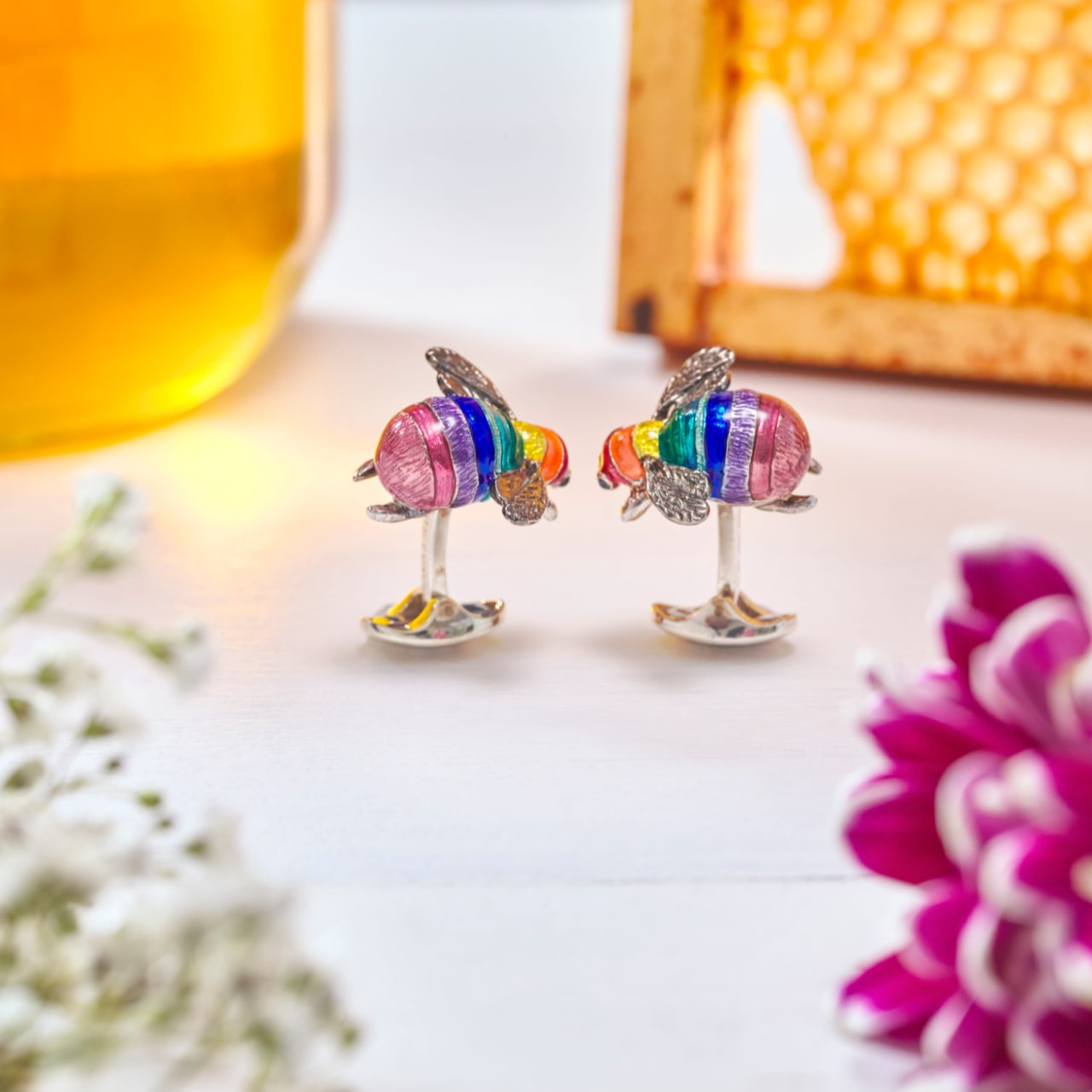 Sterling Silver Rainbow Bumble Bee Cufflinks