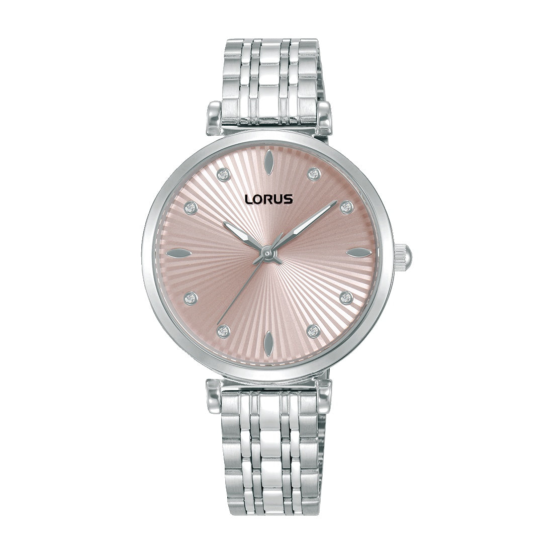 Ladys stainless steel, light pink stone set dial, bracelet watch