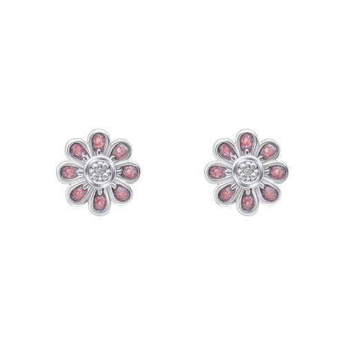 D4Diamond Silver and Pink Enamel Set Flower Stud Earrings