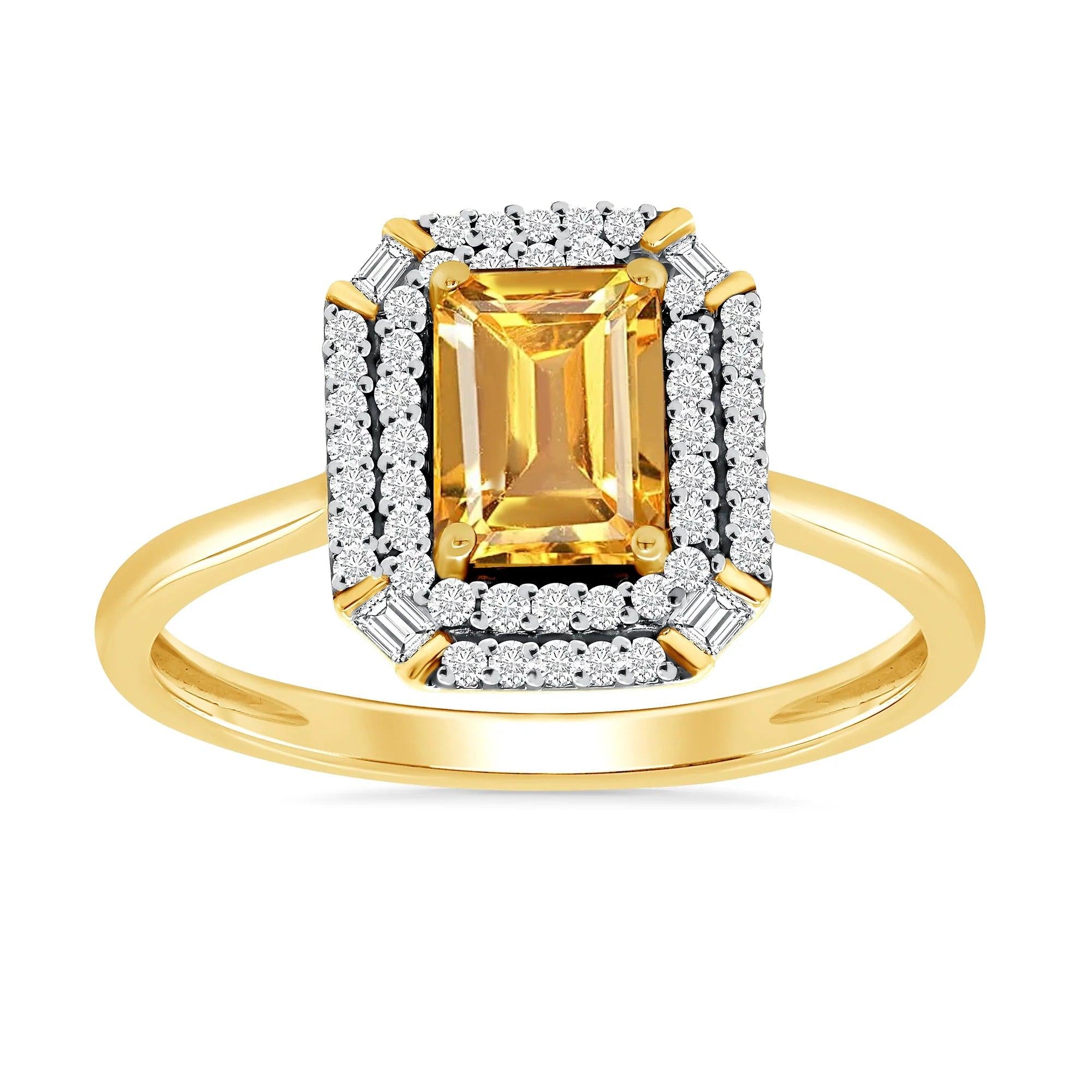 9ct gold 7x5mm octagon citrine & two row diamond cluster ring 0.20ct