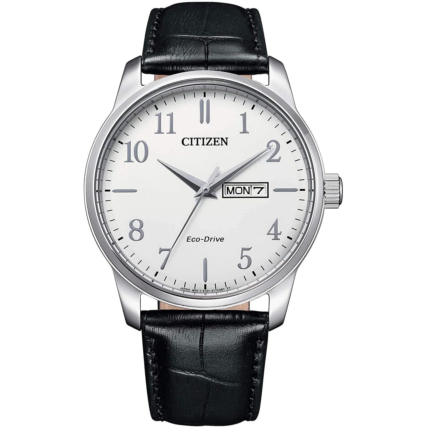 Men's Stainless steel white dial black leather strap watch