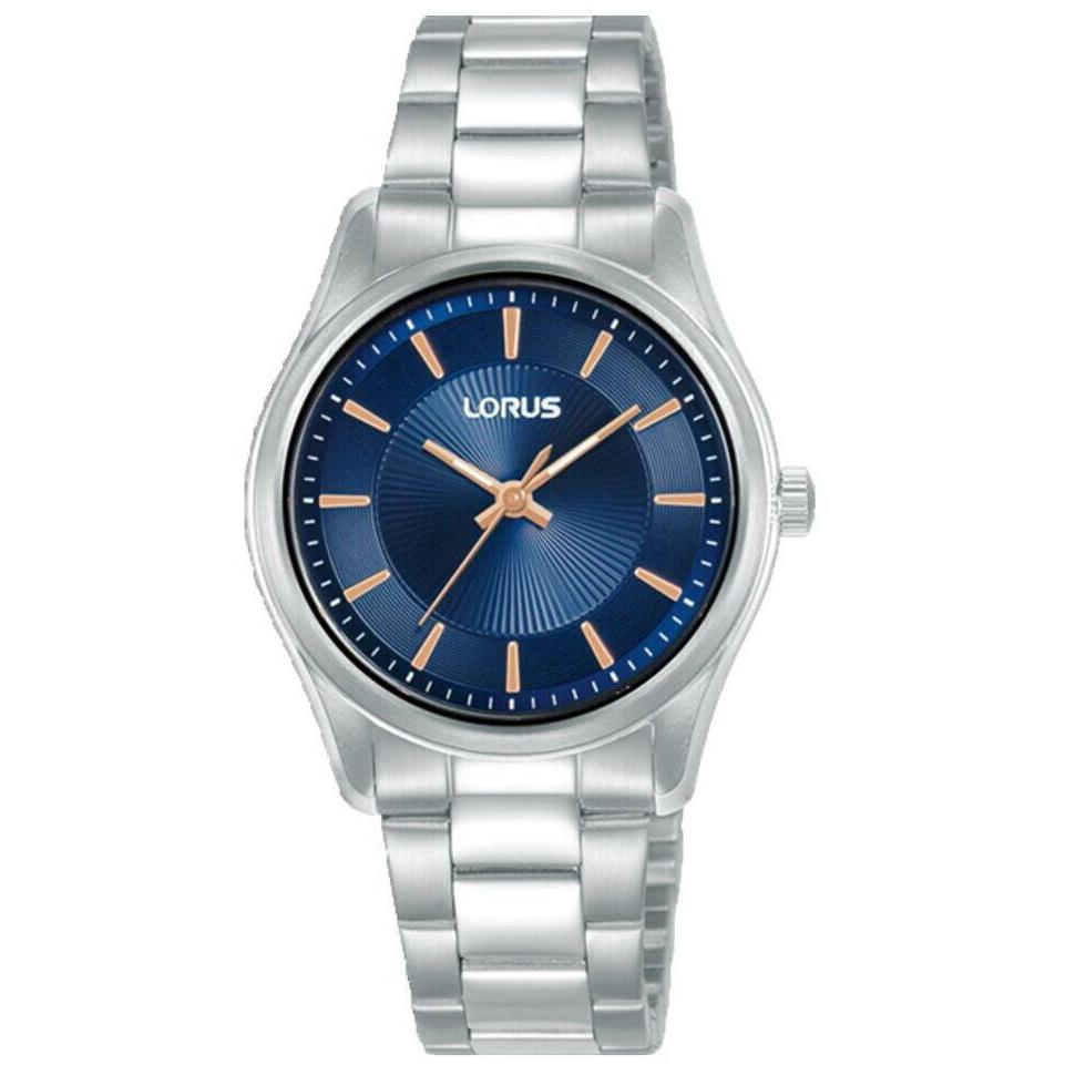 Ladys stainless steel bracelet watch, blue dial with rose gold batons