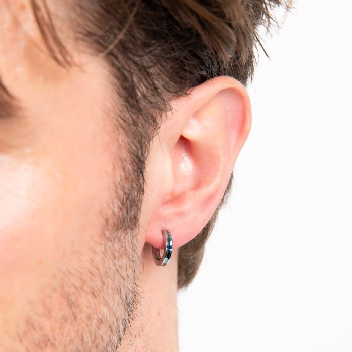 Gents Stainless steel Blue strip hoop ear ring