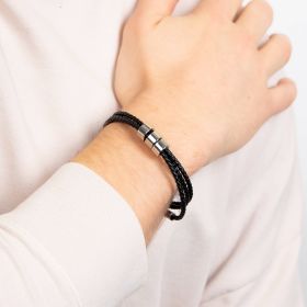 Stainless steel black leather 3 row plaited bracelet
