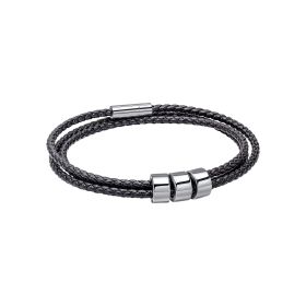 Stainless steel black leather 3 row plaited bracelet