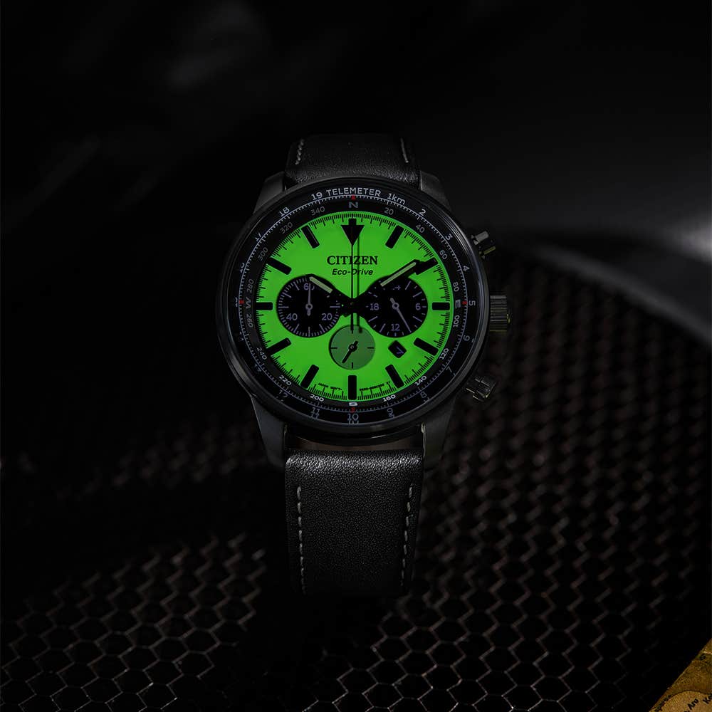 Sporty black ion-plated stainless steel black leather strap