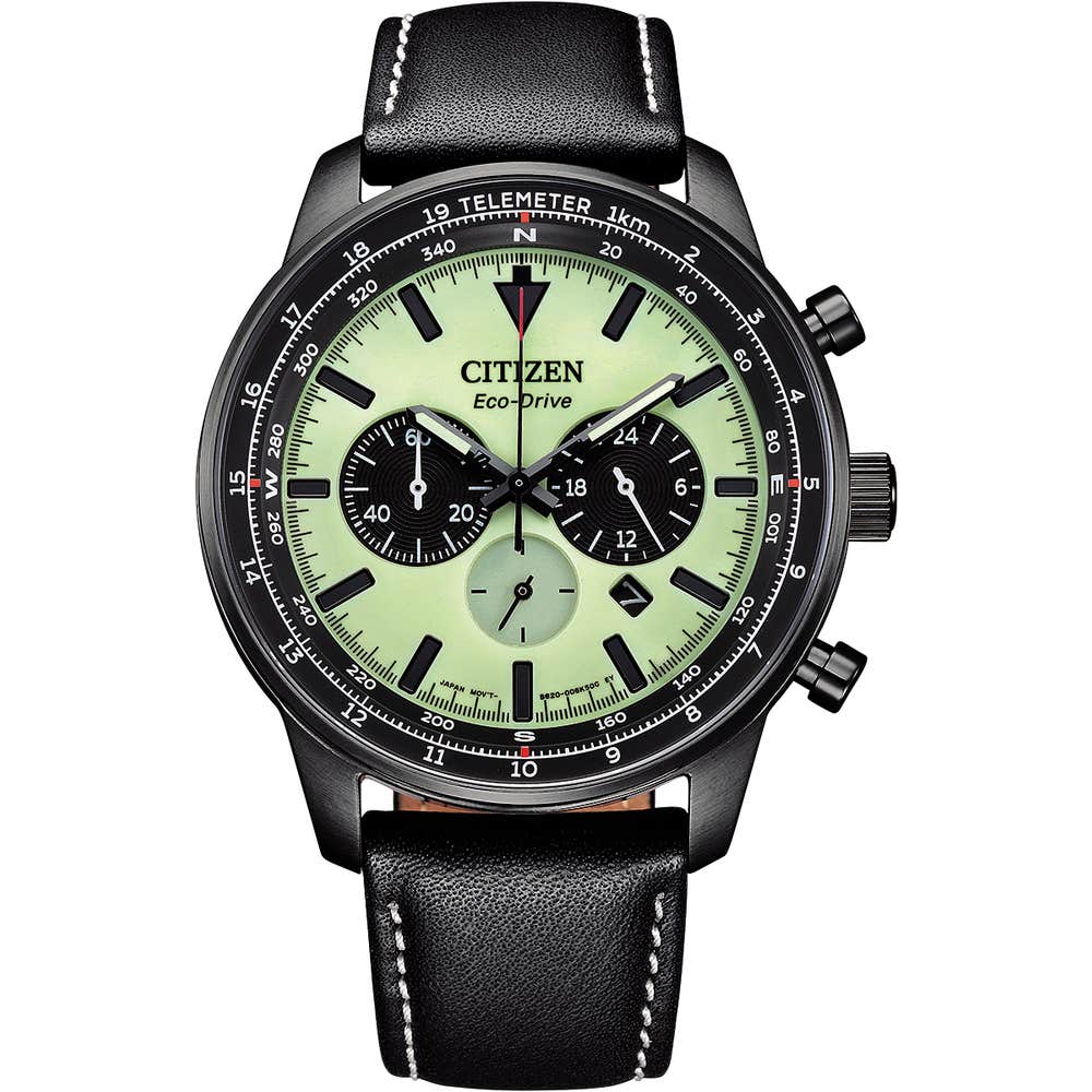 Sporty black ion-plated stainless steel black leather strap