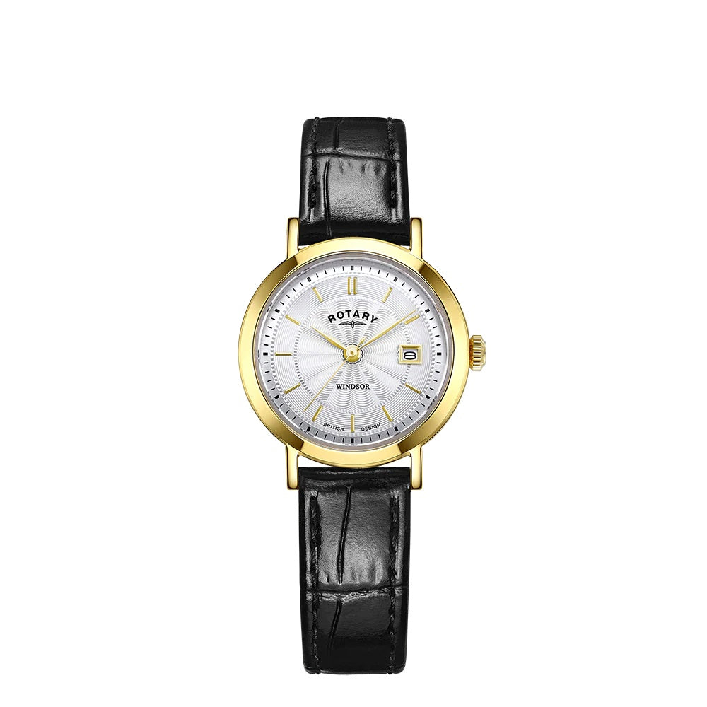 Lady's Heritage gold coated silver dial black strap watch