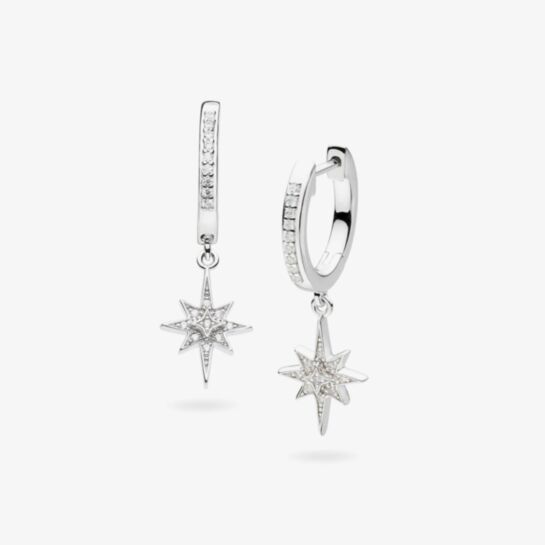 Kit Heath Celeste North Star CZ rhodium coated hinged hoop drop ear rings