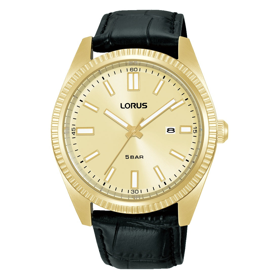 Gents Gold dial, black leather strap watch