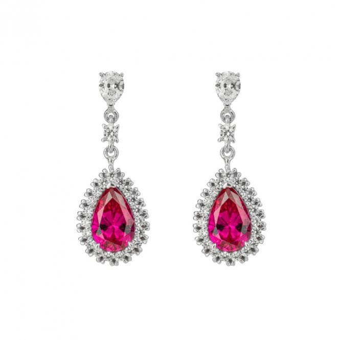 Silver Pave Set Red Pear Shaped Cubic Zirconia Cluster Drop Earrings
