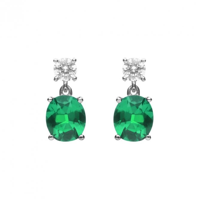 Silver Oval Green Cubic Zirconia Drop Earrings