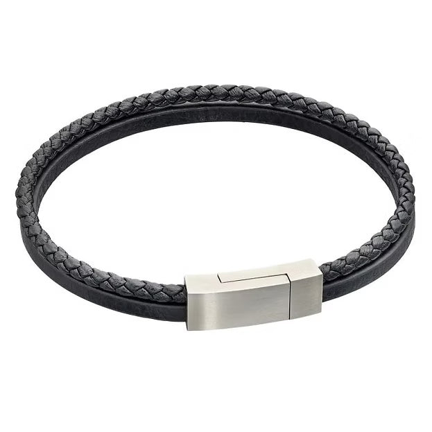 Double Row Black Leather Bracelet