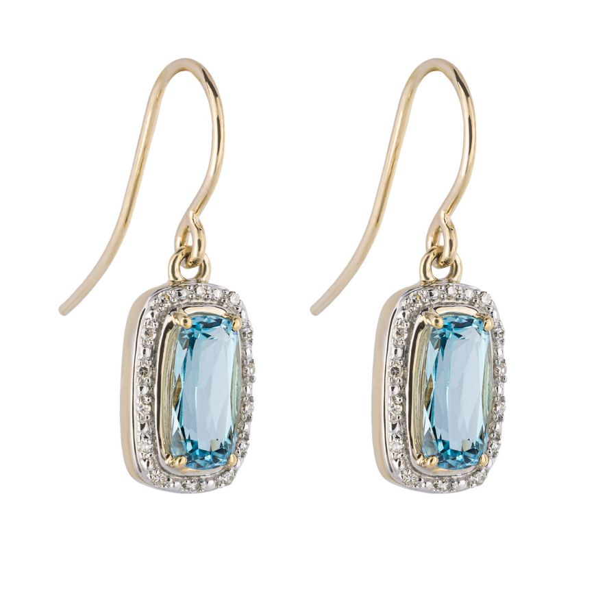 9ct Yellow Gold Blue Topaz & Diamond Drop Earrings