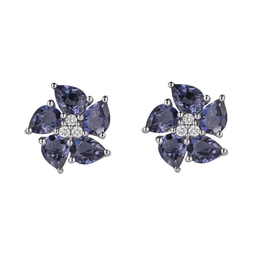 9ct White Gold Iolite & Diamond Peony Stud Earrings