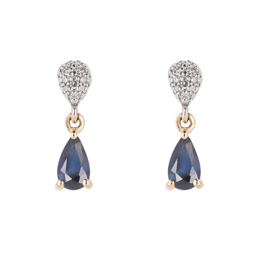 9ct Yellow Gold Pear-Shaped Sapphire & Diamond Drop Earrings