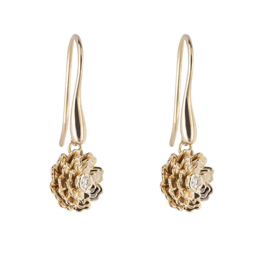 9ct Yellow Gold Diamond Set Peony Hook Drop Earrings