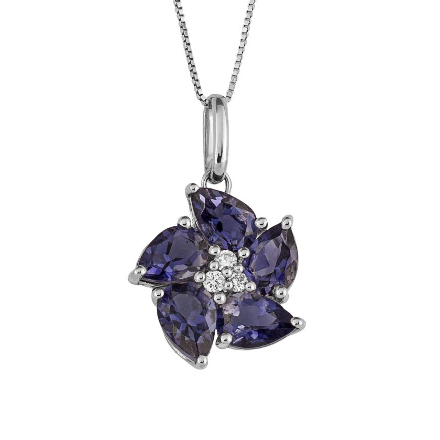 9 carat white gold Iolite and diamond peony pendant No Chain