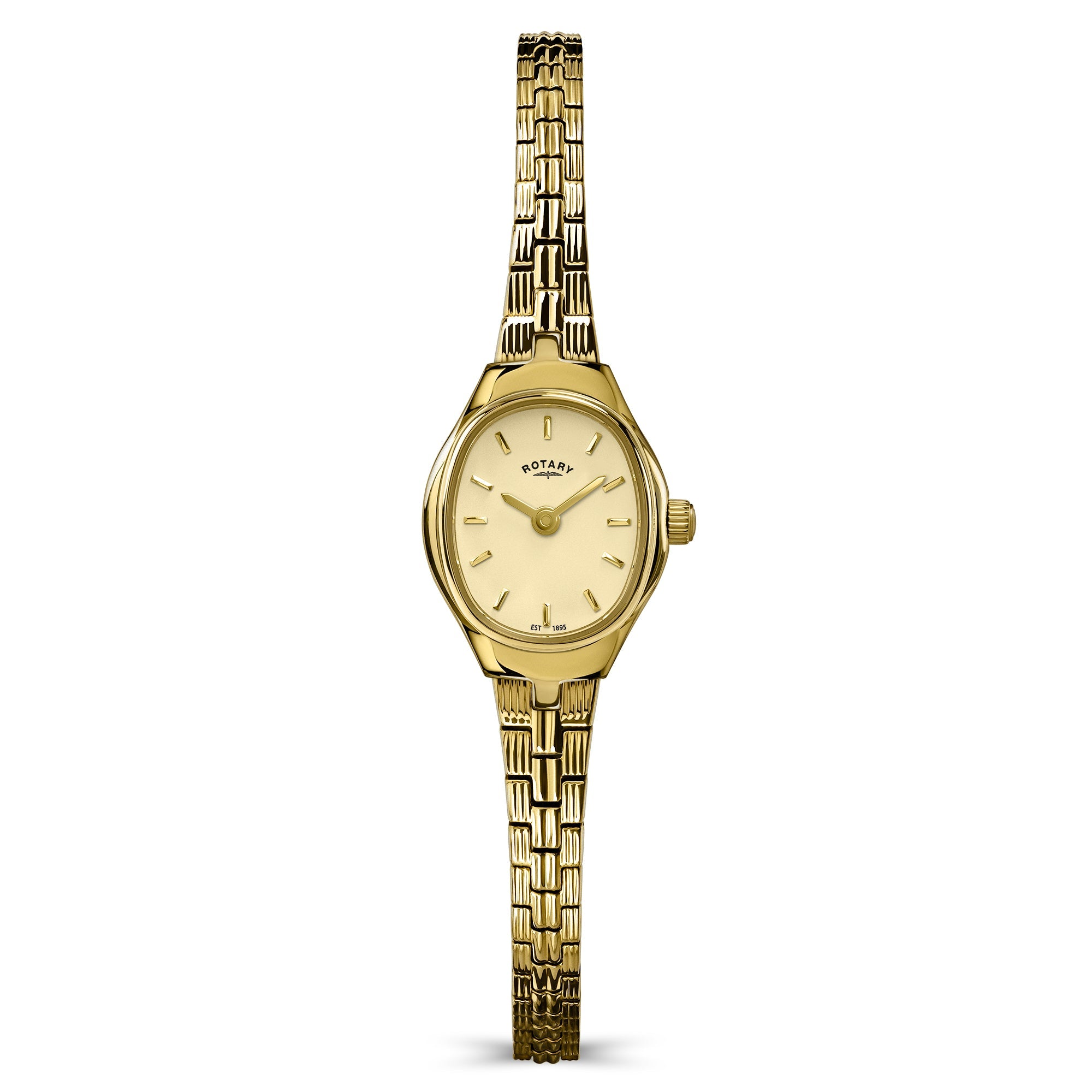 A slim, jewellery-like profile with 50m water resistance and a detailed bracelet.