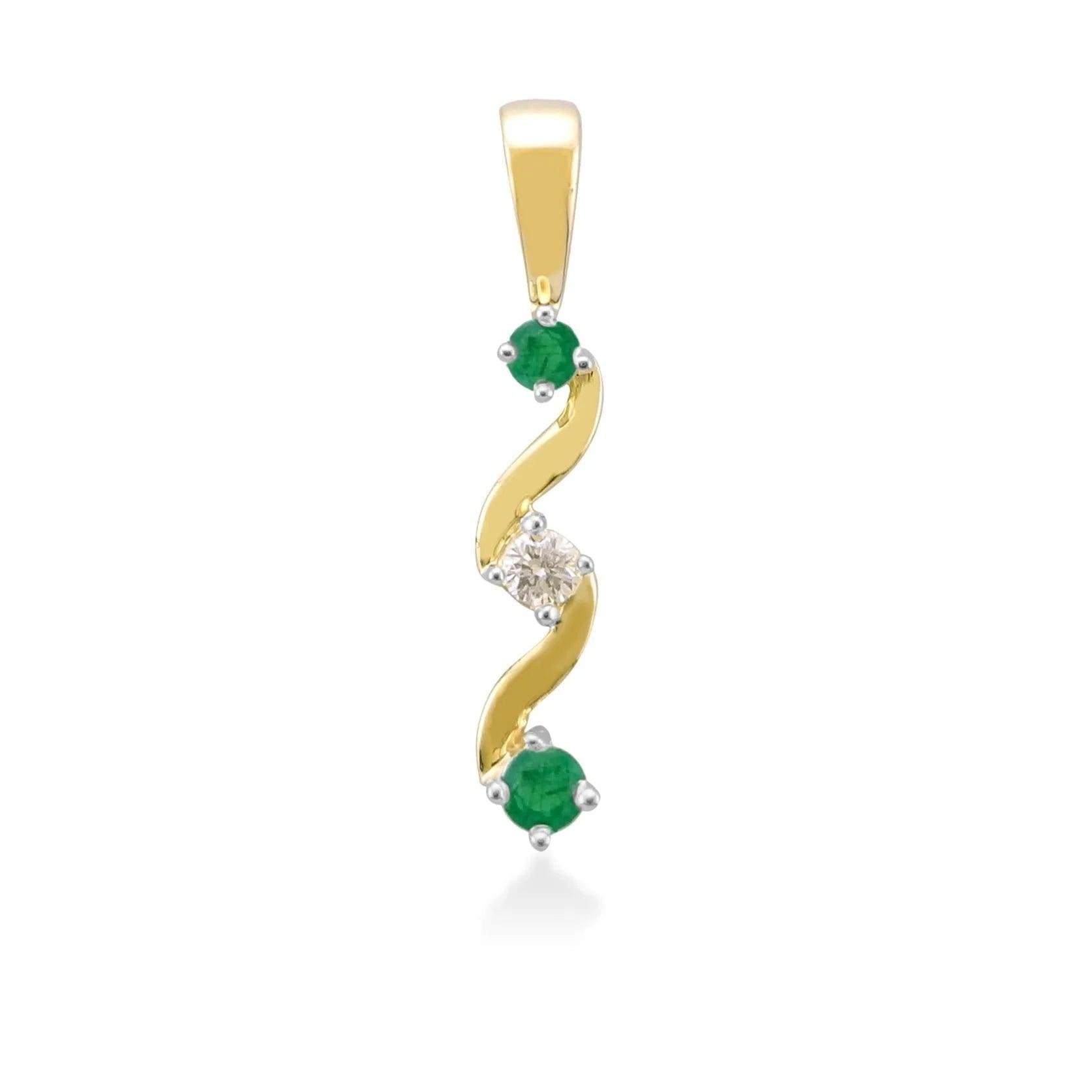 9ct yellow gold Diamond and emerald wavy drop pendant. Pendant ONLY