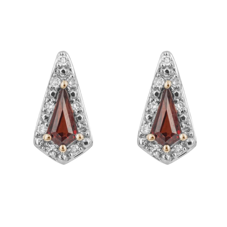 9ct Yellow Gold Trapeze Garnet & Diamond Studs Earrings