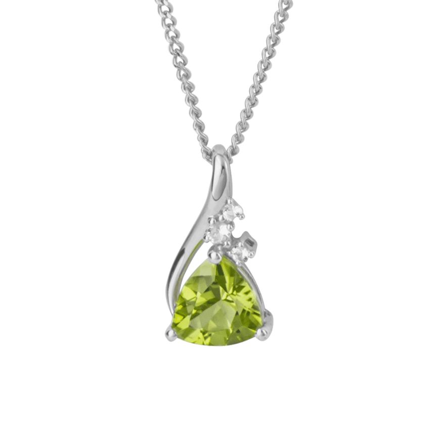 9 carat white gold Trillion cut Peridot and white topaz pendant.
