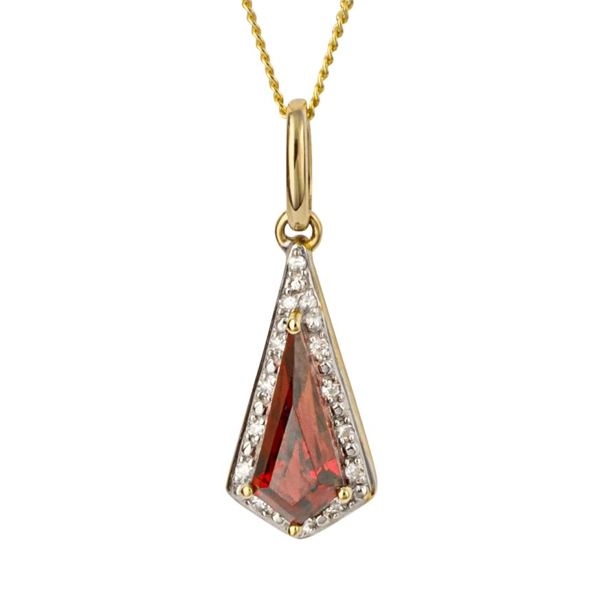 Trapeze Cut Garnet Pendant with Diamond in 9ct Gold