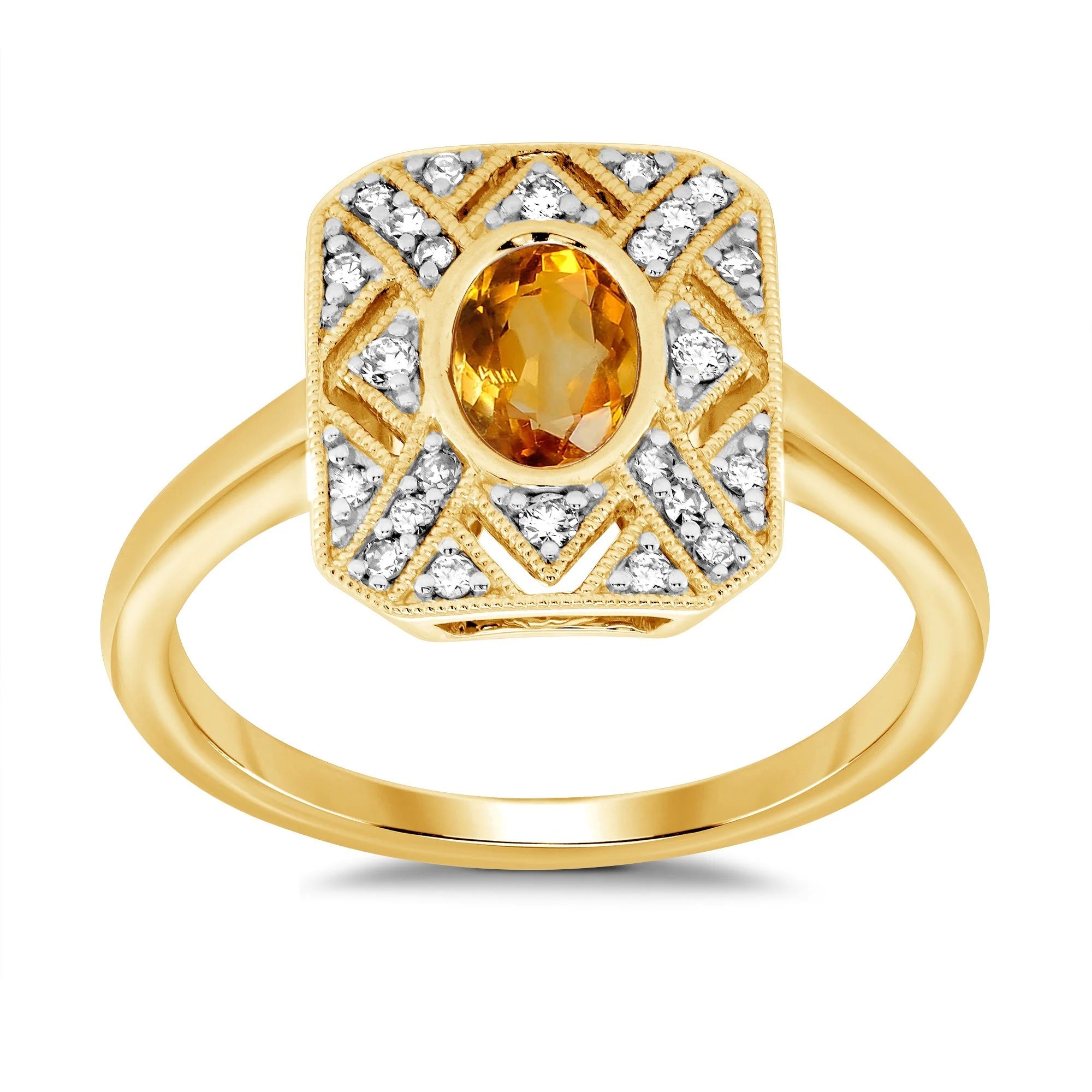 9ct yellow gold oval Citrine and Diamond cluster ring