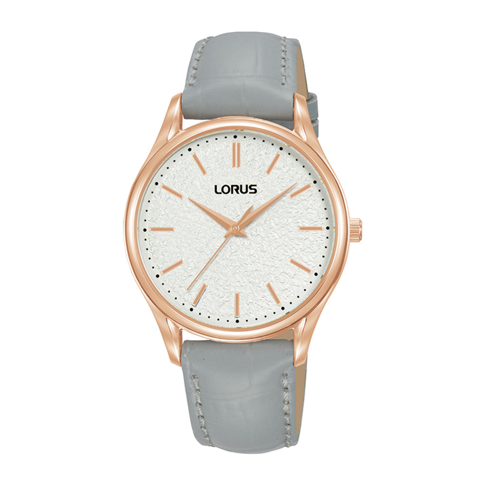 Ladys rose gold coated casing and grey leather strap watch