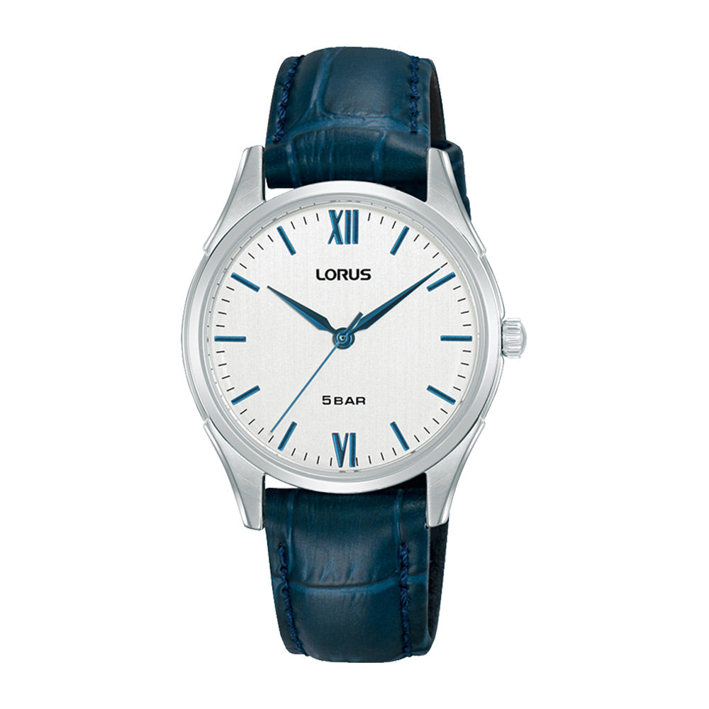 Classic ladys stainless steel casing and blue leather strap watch