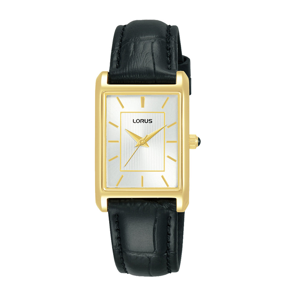 Classic ladys yellow gold coated rectangular dial black leather strap watch