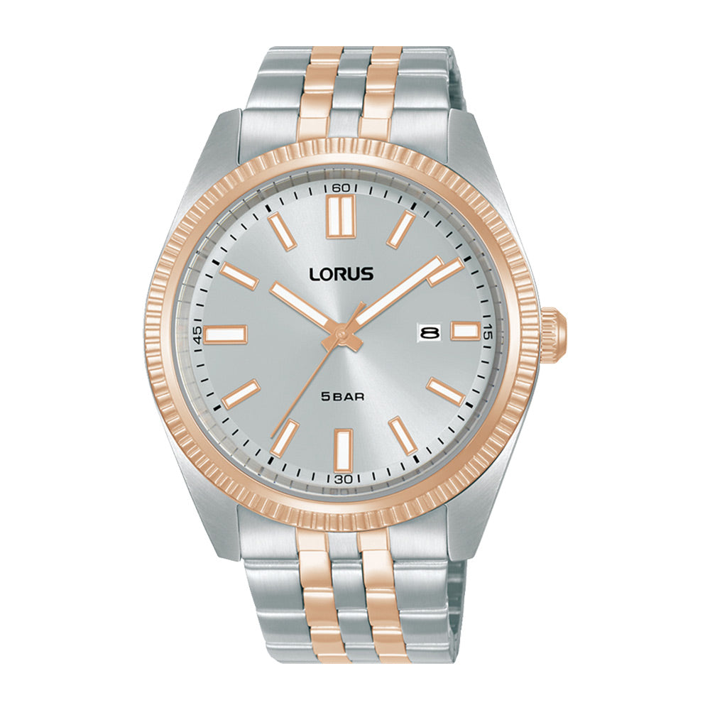 Gents Rose gold coated and stainkess steel grey sunray dial bracelet watch