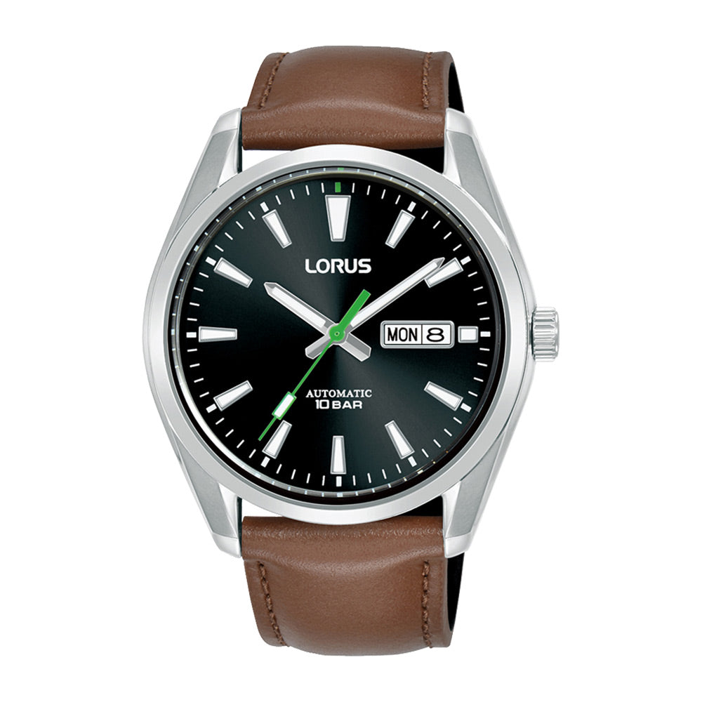 Gents stainless steel black dial automatic leather strap watch