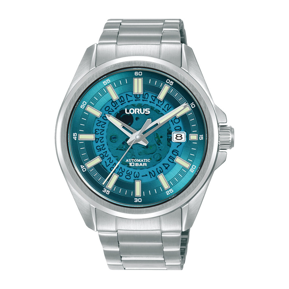 Gents stainless steel transparent blue dial automatic bracelet watch