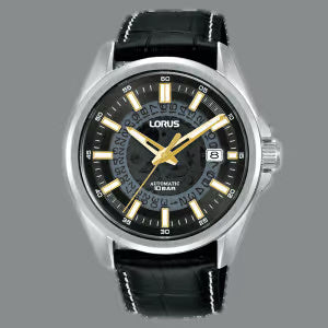 Gents stainless steel transparent black dial automatic black leather strap watch