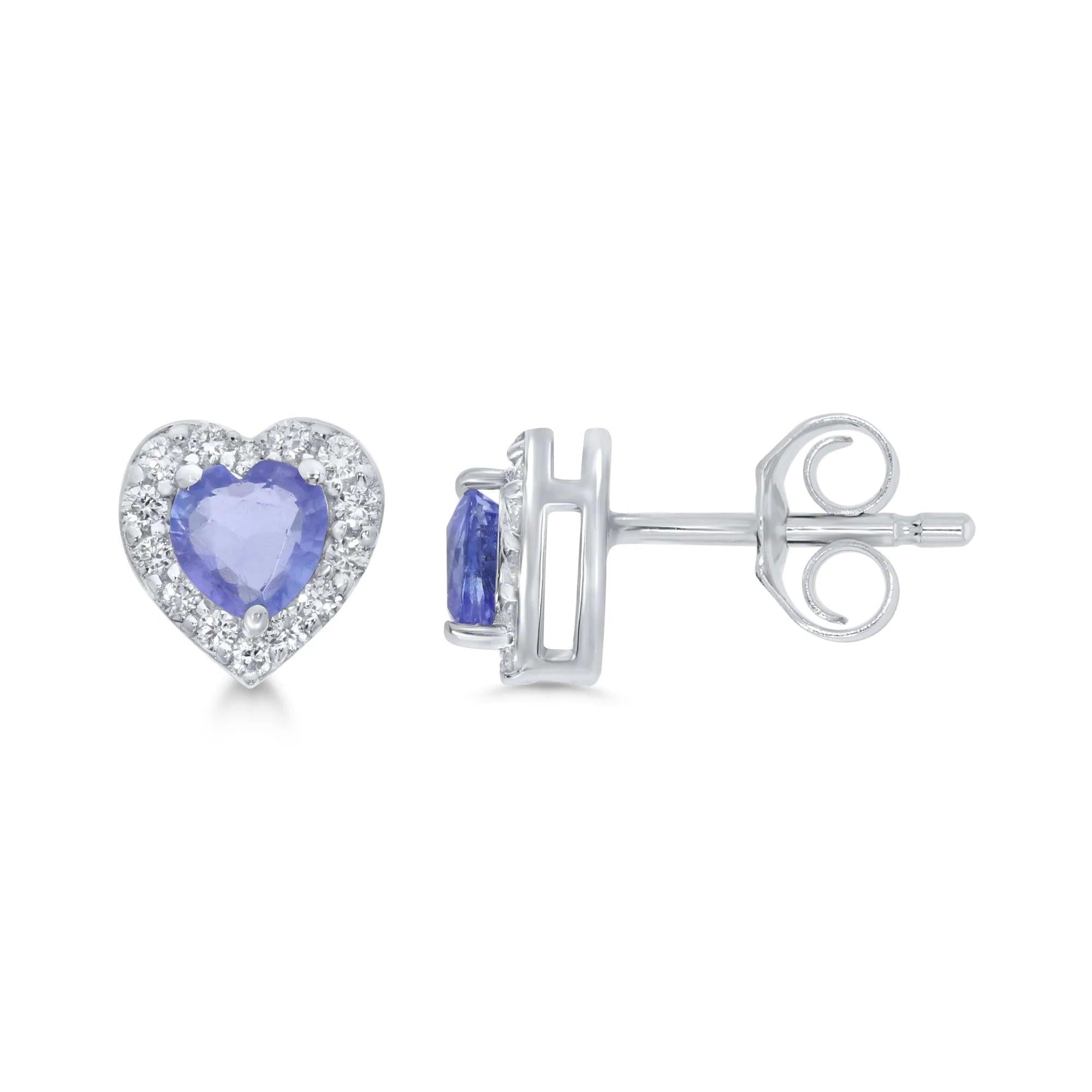 18ct White Gold heart-shpd tanz & dia halo stud errngs