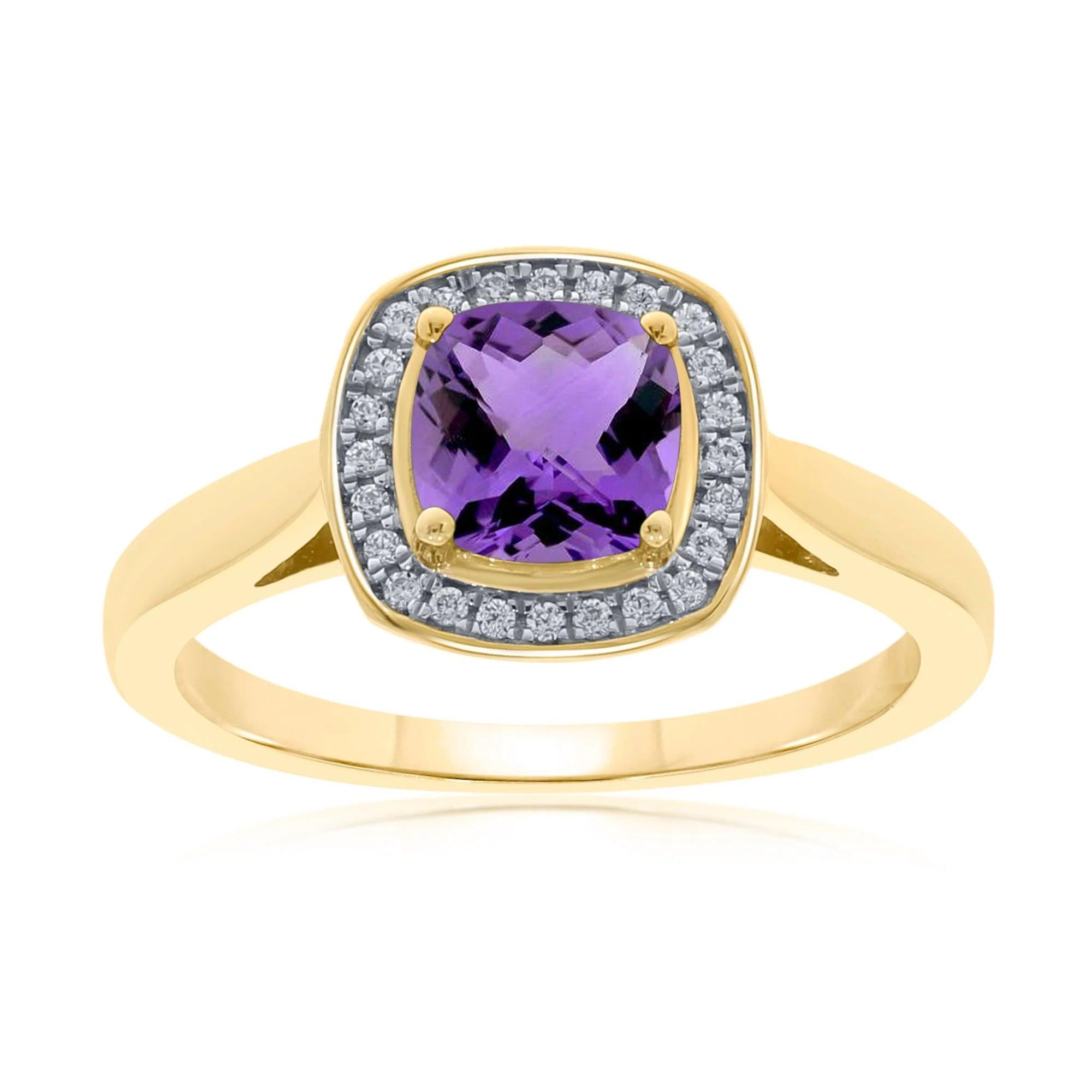 18ct Yellow Gold cush-cut ameth & r/o set dia halo ring