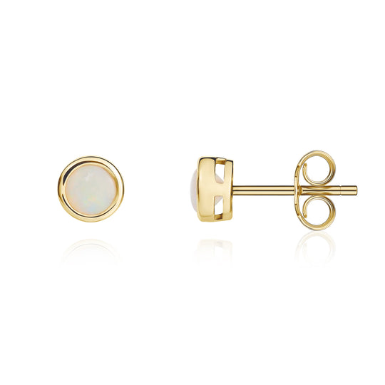 9ct Yellow Gold Round Opal Rubover Stud Earrings 4mm