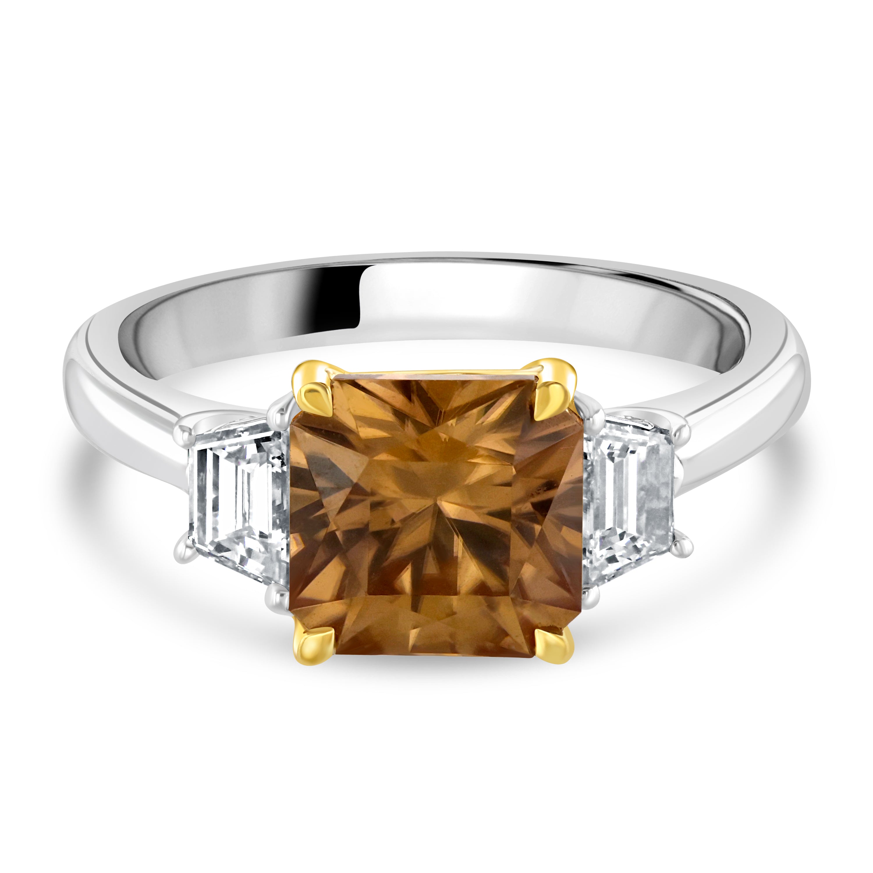 18ct Gold Champagne Zircon & Trapezium Diamond Trilogy Ring