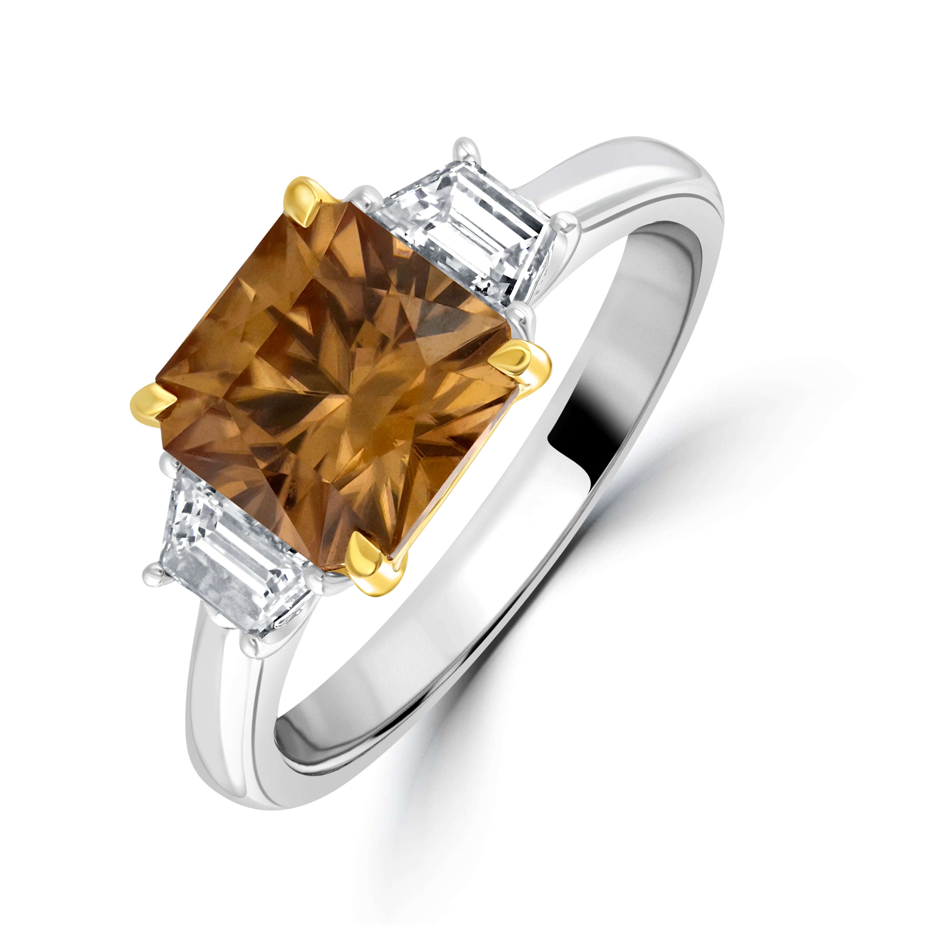18ct Gold Champagne Zircon & Trapezium Diamond Trilogy Ring