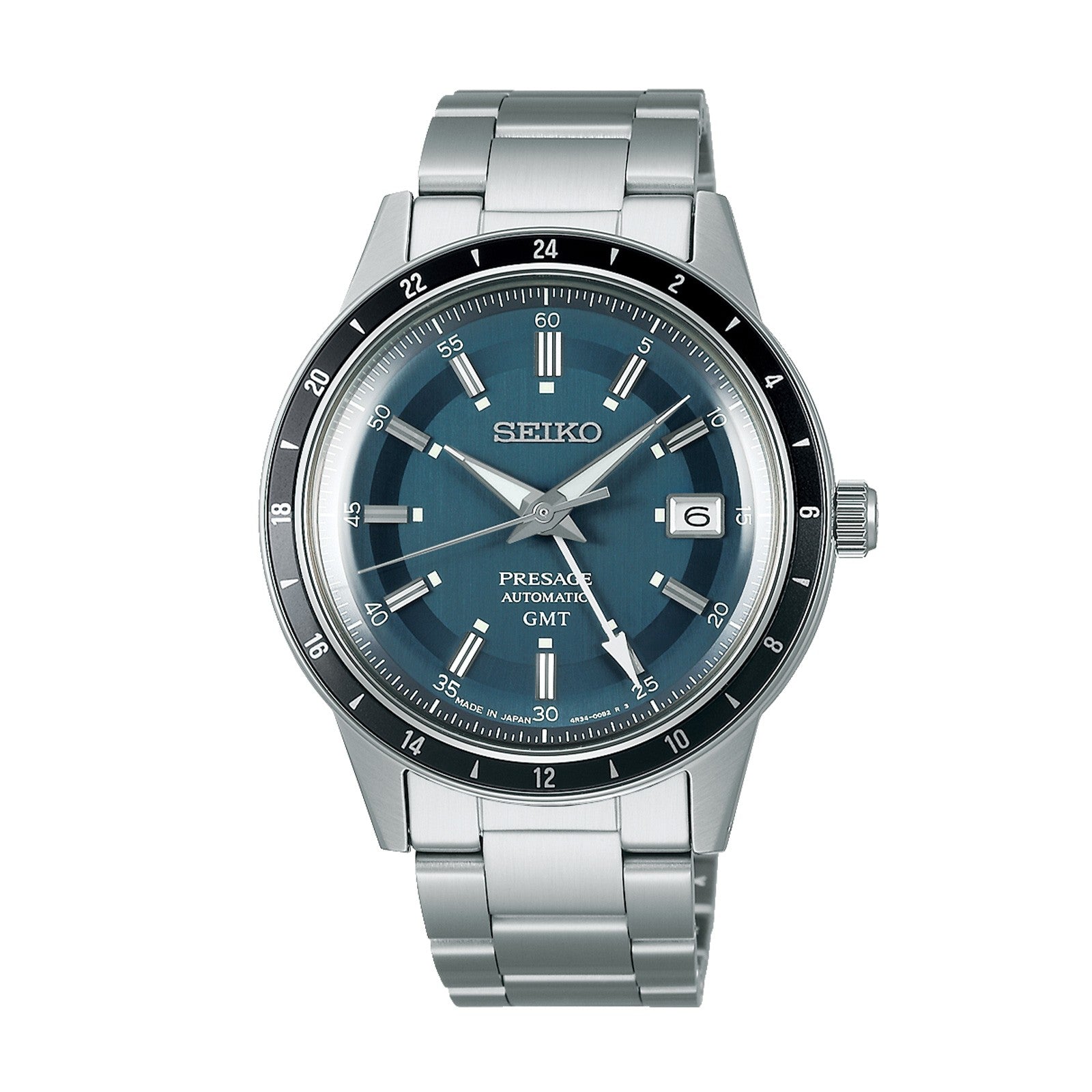 Presage GMT 'Petrol Blue' Style 60's stainless steel case blue dial black bezel bracelet automatic w