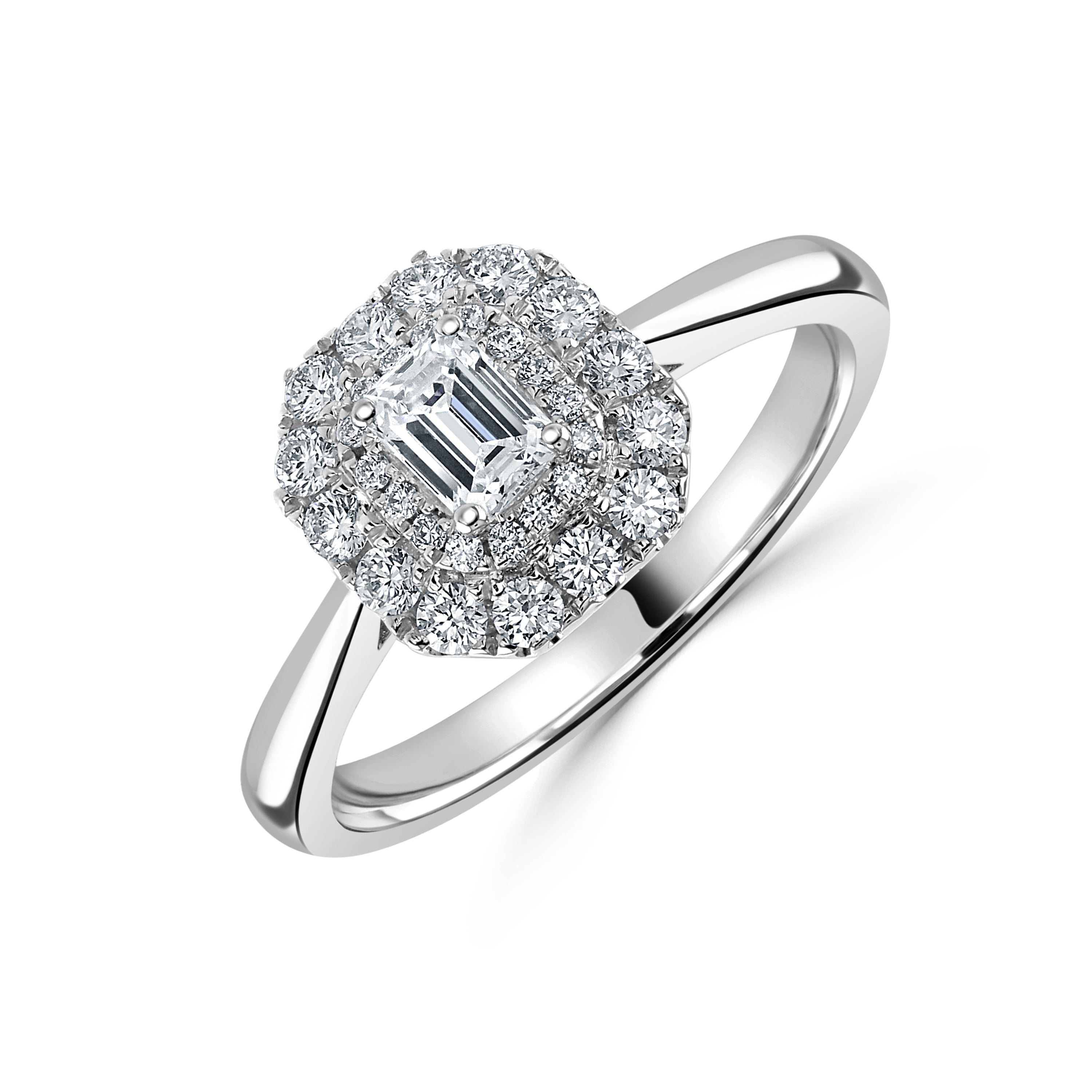Platinum Emerald Cut Diamond Double Halo Cluster Ring