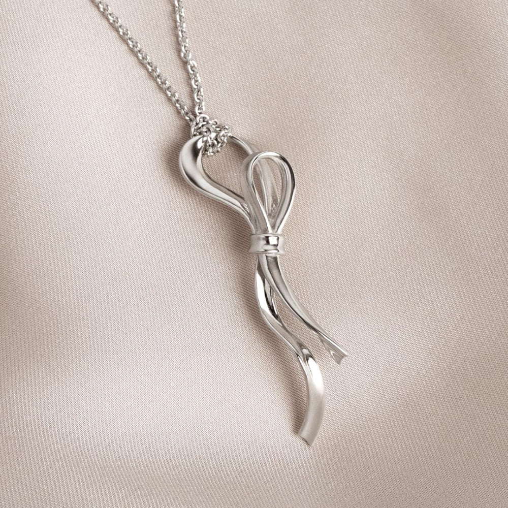 Rhodium Plated Silver Serenity Ribbon Bow Loop Necklace