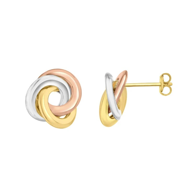 9ct yellow, white and rose gold flat polished knot earrings