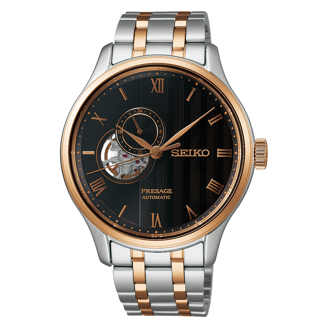 Seiko Presage Japanese Garden Automatic Watch with Open Heart. Pink Dial Stainless Steel Bracelet.