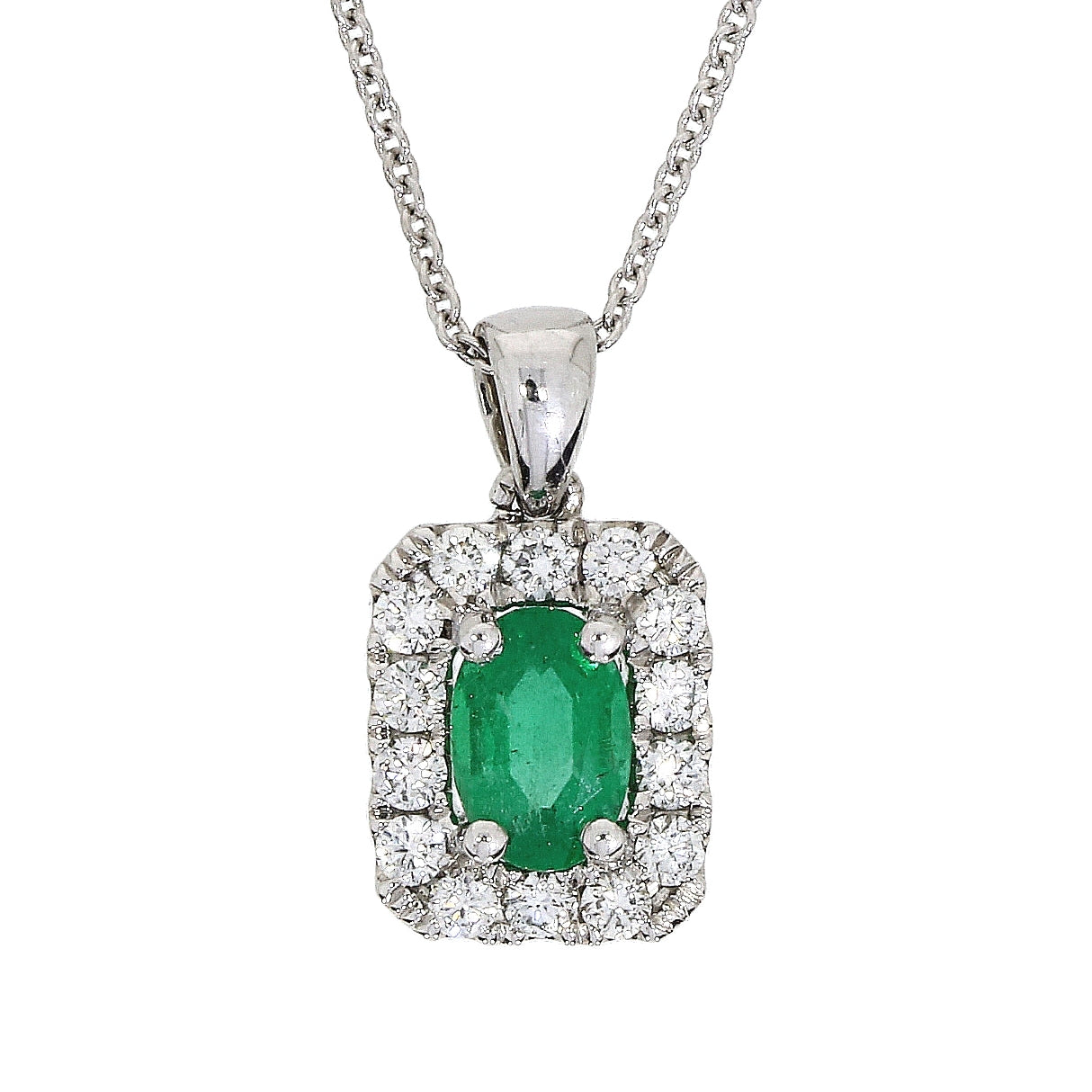 18ct White Gold Emerald & Diamond Cluster Pendant